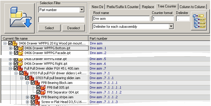 Tree counter with root name counter and delimeter after each subassembly