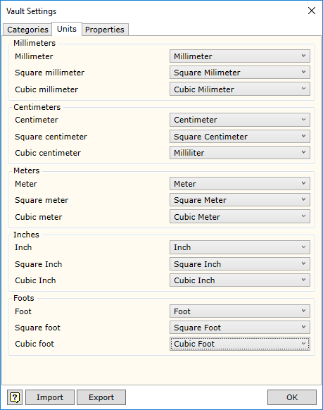 Vault W4INV BOM Settings Units