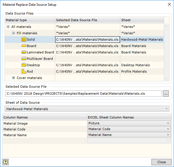  Linking MS Excel worksheet data source for materials according to material type