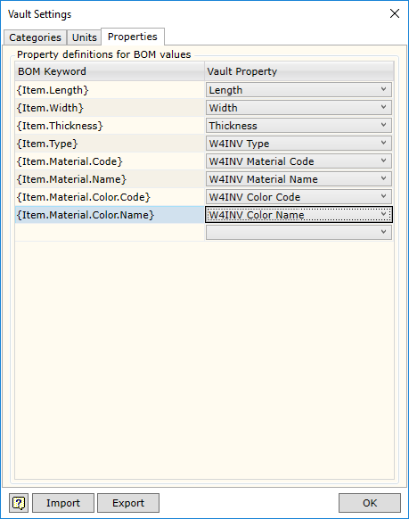 Vault W4INV BOM Settings Properties