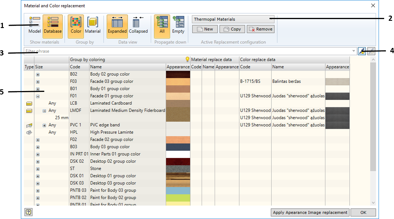 Full Material replacement dialog