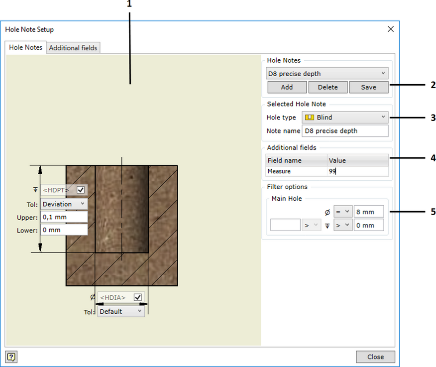 Hole Note Setup dialog