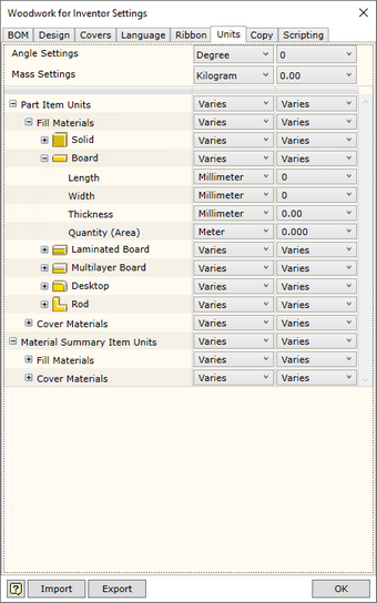 Design Settings Units setup