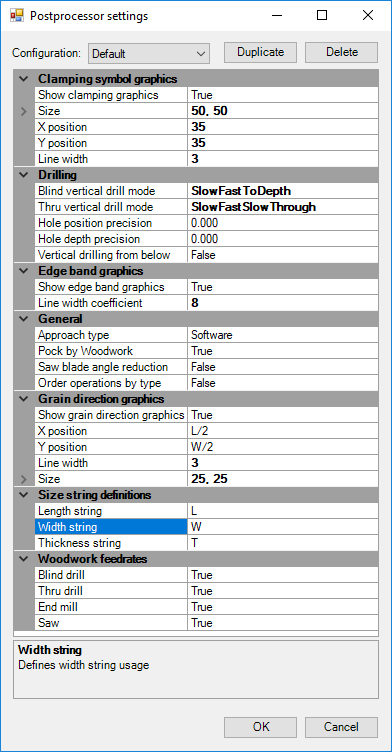 Woodwop Post-Processor configuration window