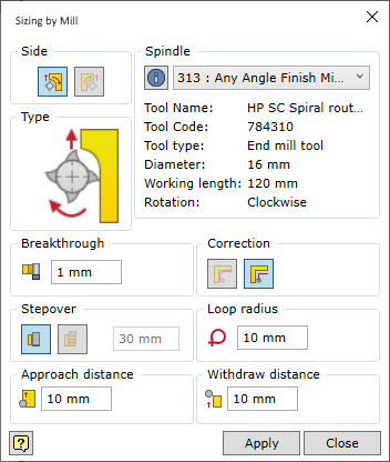 Sizing by Mill Operation dialog