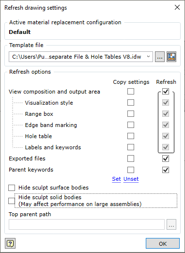 Drawing refresh settings dialog