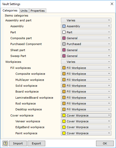 Vault W4INV BOM Settings Categories