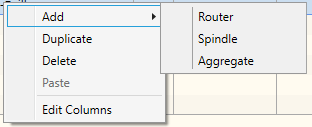 Context menu of CNC machine