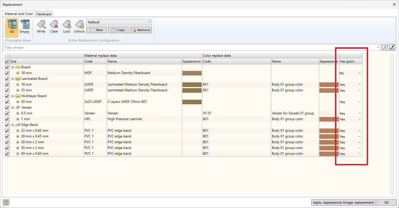 Material Replacement dialog including new Has Grain property