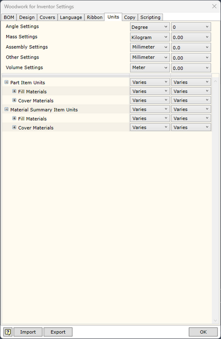 Design Settings Units setup