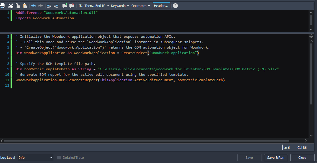 Generate BOM report using iLogic snippets