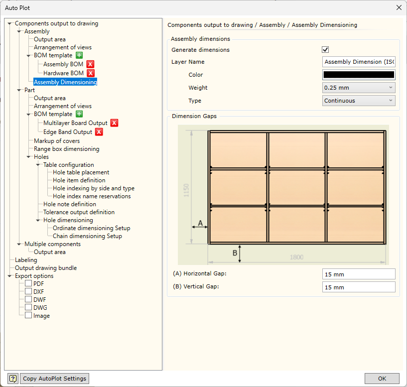 AutoPlot Assembly dimenion settings