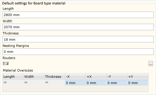 Default material settings dialog