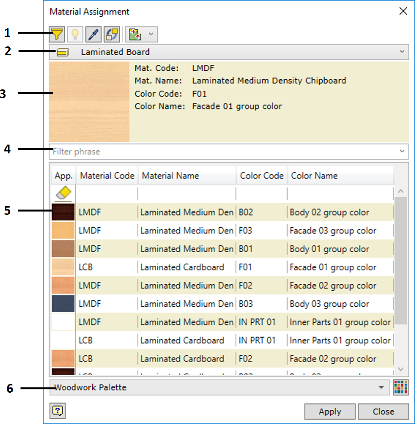 Fill material assignment dialog window